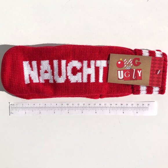Warm Winter Mittens set one size fits all Red Naughty Nice Christmas OMG so UGLY - Picture 8 of 8